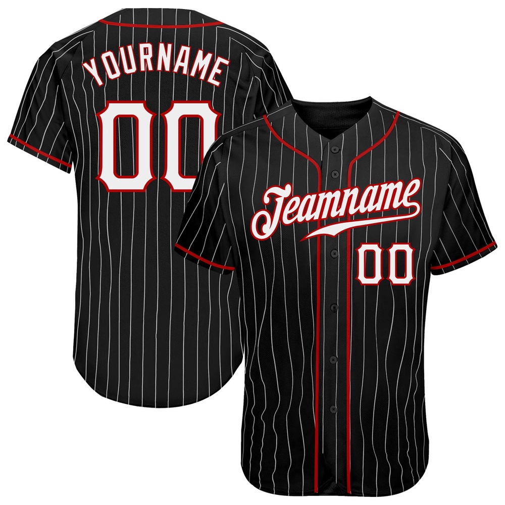 Black White Pinstripe White-Red Authentic Baseball Jersey, Custom Baseball Jersey, Personalized Sport Jersey