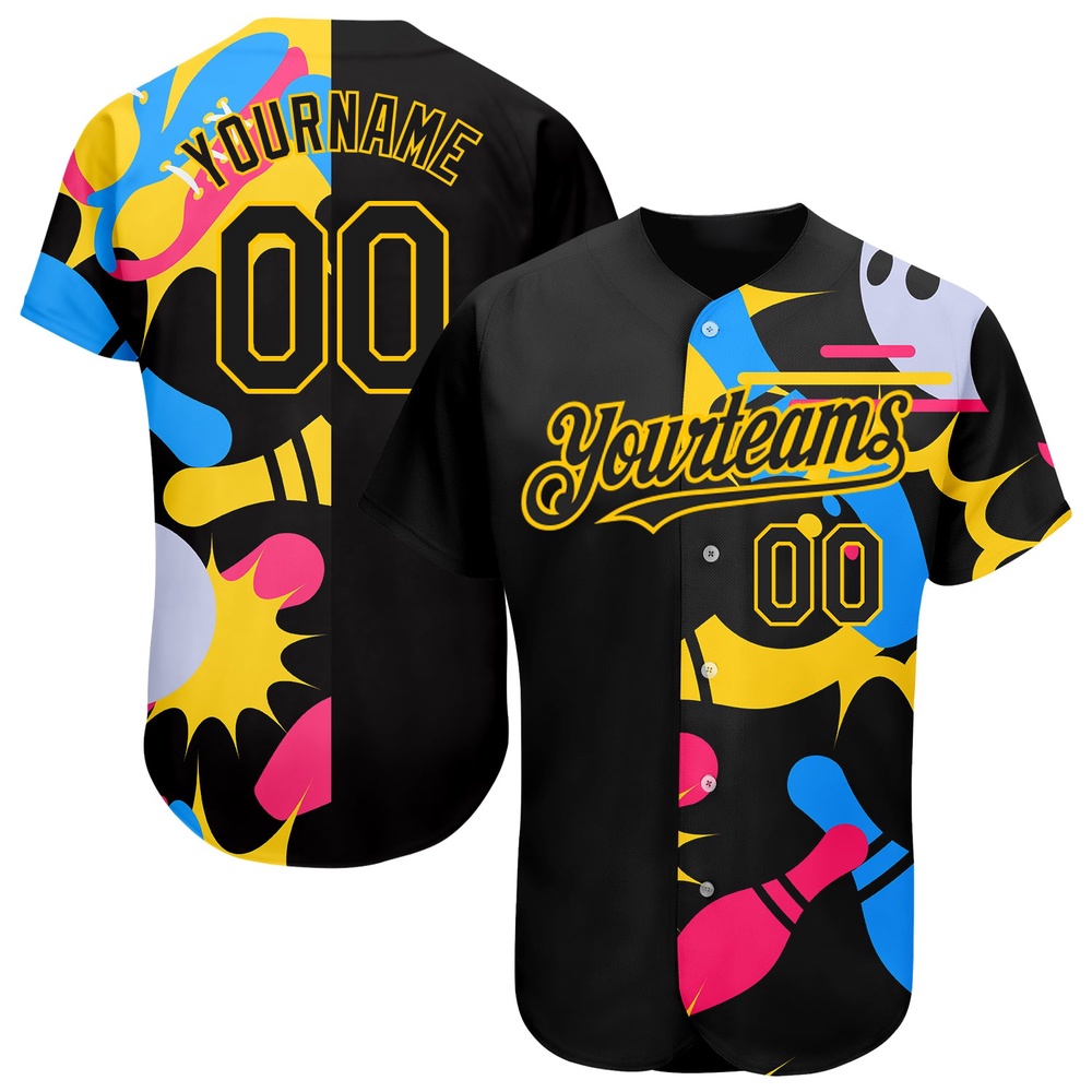 Black Yellow 3D Pattern Design Bowling Authentic Baseball Jersey, Custom Baseball Jersey, Personalized Sport Jersey