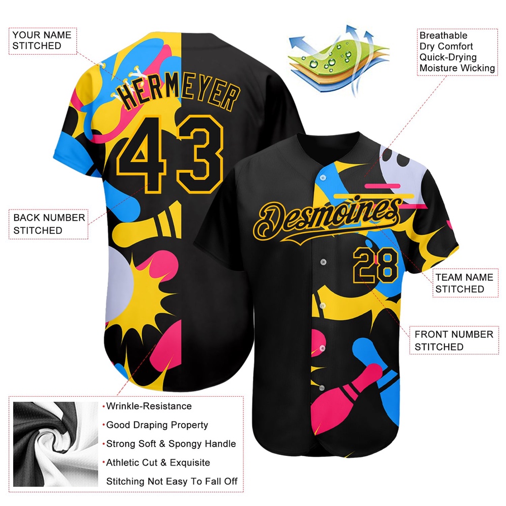 Black Yellow 3D Pattern Design Bowling Authentic Baseball Jersey, Custom Baseball Jersey, Personalized Sport Jersey