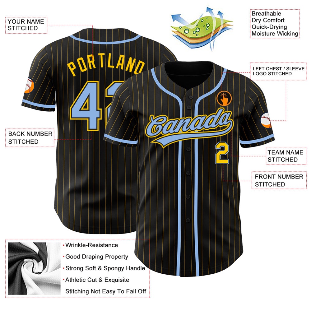 Black Yellow Pinstripe Light Blue Authentic Baseball Jersey, Custom Baseball Jersey, Personalized Sport Jersey