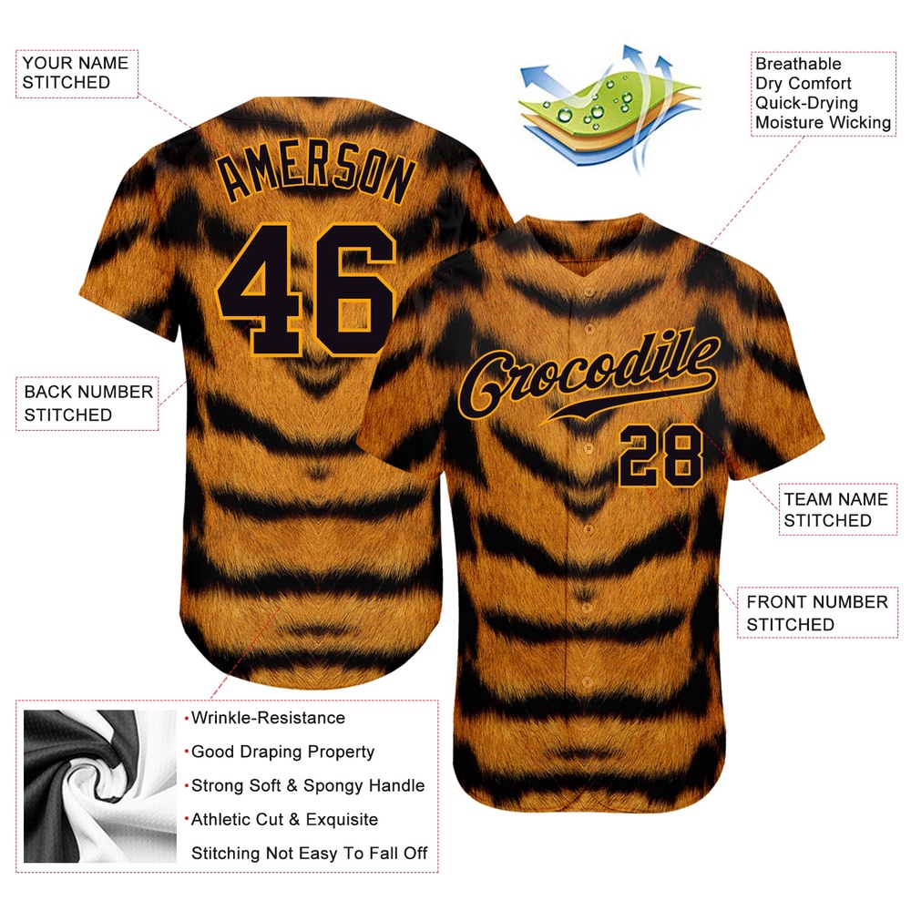 Brown Black-Gold 3D Pattern Design Tiger Authentic Baseball Jersey, Custom Baseball Jersey, Personalized Sport Jersey Brown Black-Gold 3D Pattern Design Tiger Authentic Baseball Jersey, Custom Baseball Jersey, Personalized Sport Jersey