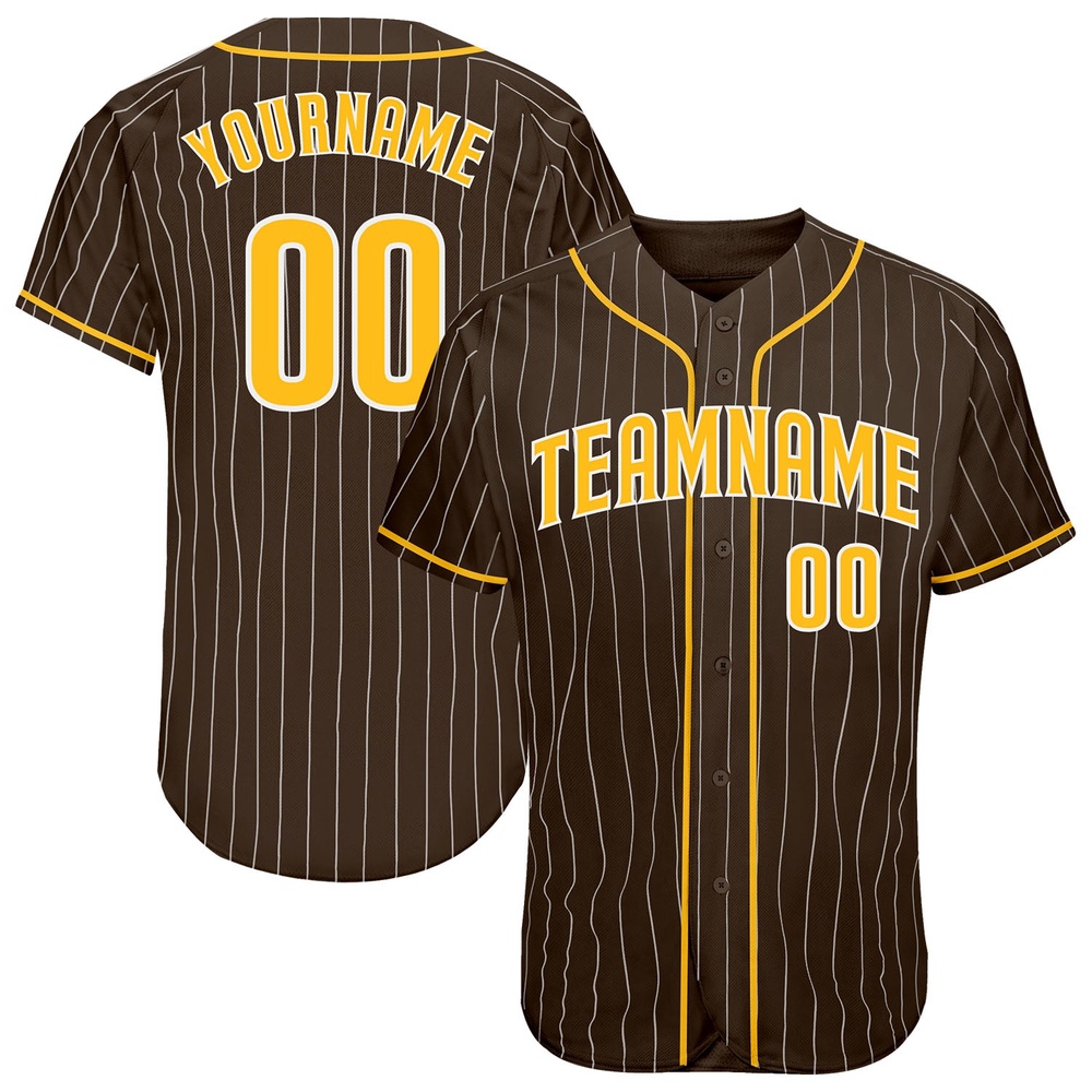 Brown White Pinstripe Gold-White Authentic Baseball Jersey, Custom Baseball Jersey, Personalized Sport Jersey