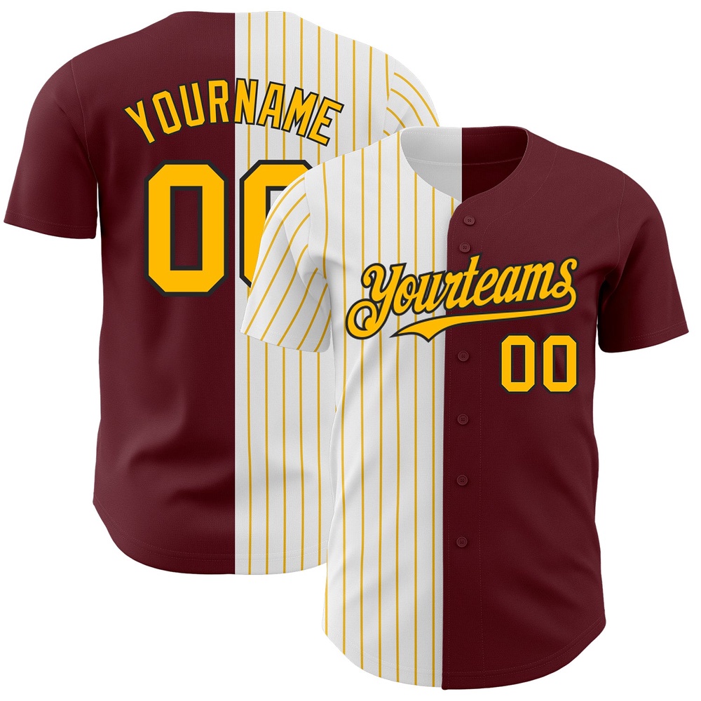 Burgundy Black-Gold Pinstripe Authentic Split Fashion Baseball Jersey, Custom Baseball Jersey, Personalized Sport Jersey