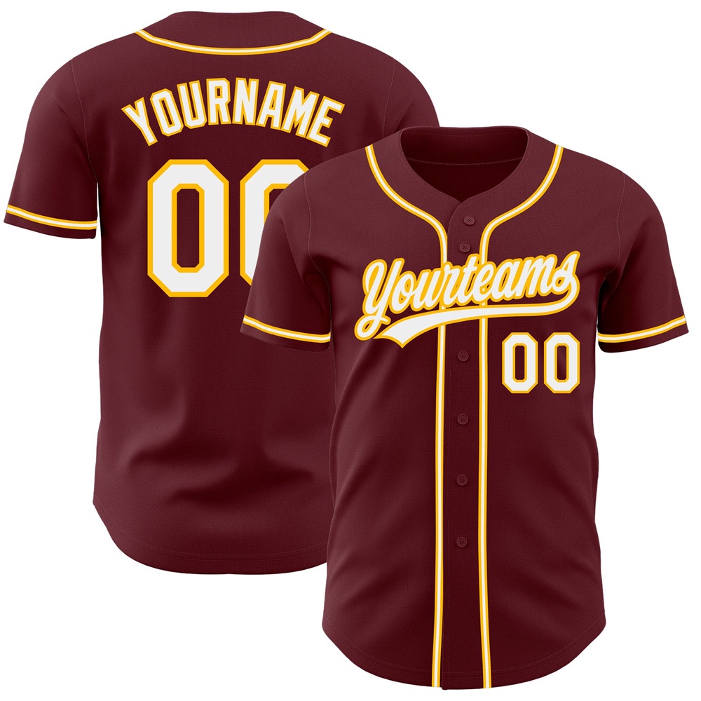 Burgundy White-Gold Authentic Baseball Jersey, Custom Baseball Jersey, Personalized Sport Jersey