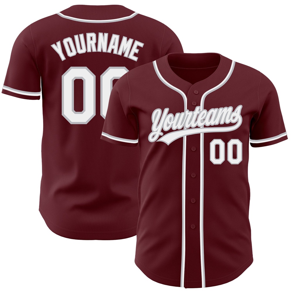 Burgundy White-Gray Authentic Baseball Jersey, Custom Baseball Jersey, Personalized Sport Jersey