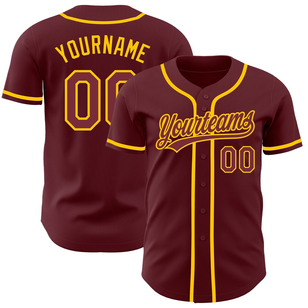 Burgundy Yellow Authentic Baseball Jersey, Custom Baseball Jersey, Personalized Sport Jersey