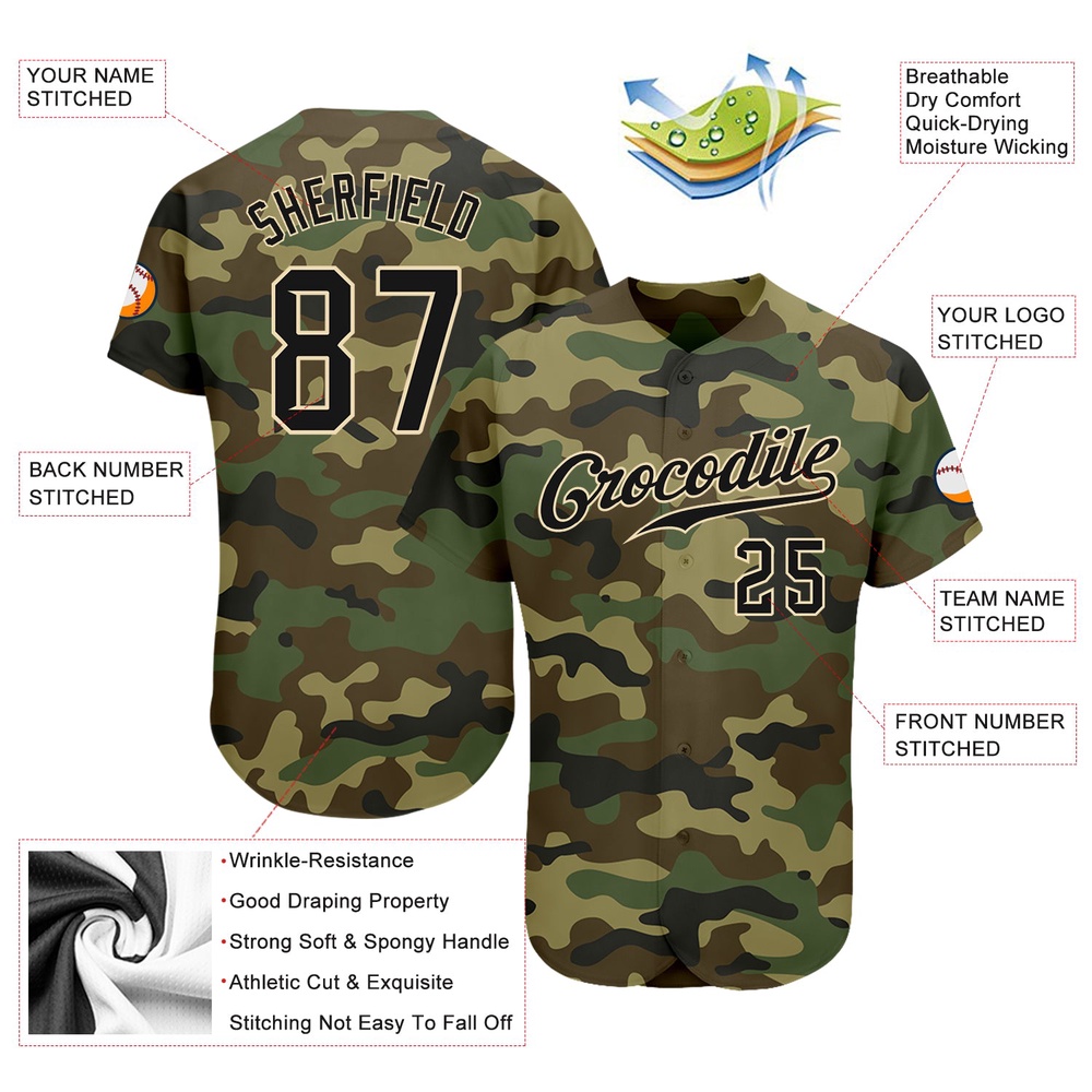 Camo Black-City Cream Authentic Salute To Service Baseball Jersey, Custom Baseball Jersey, Personalized Sport Jersey
