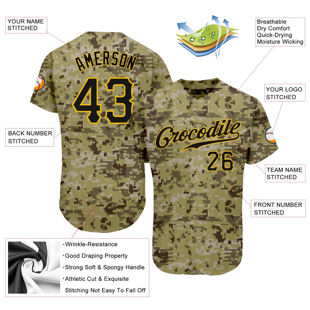 Camo Black-Gold Authentic Salute To Service Baseball Jersey, Custom Baseball Jersey, Personalized Sport Jersey