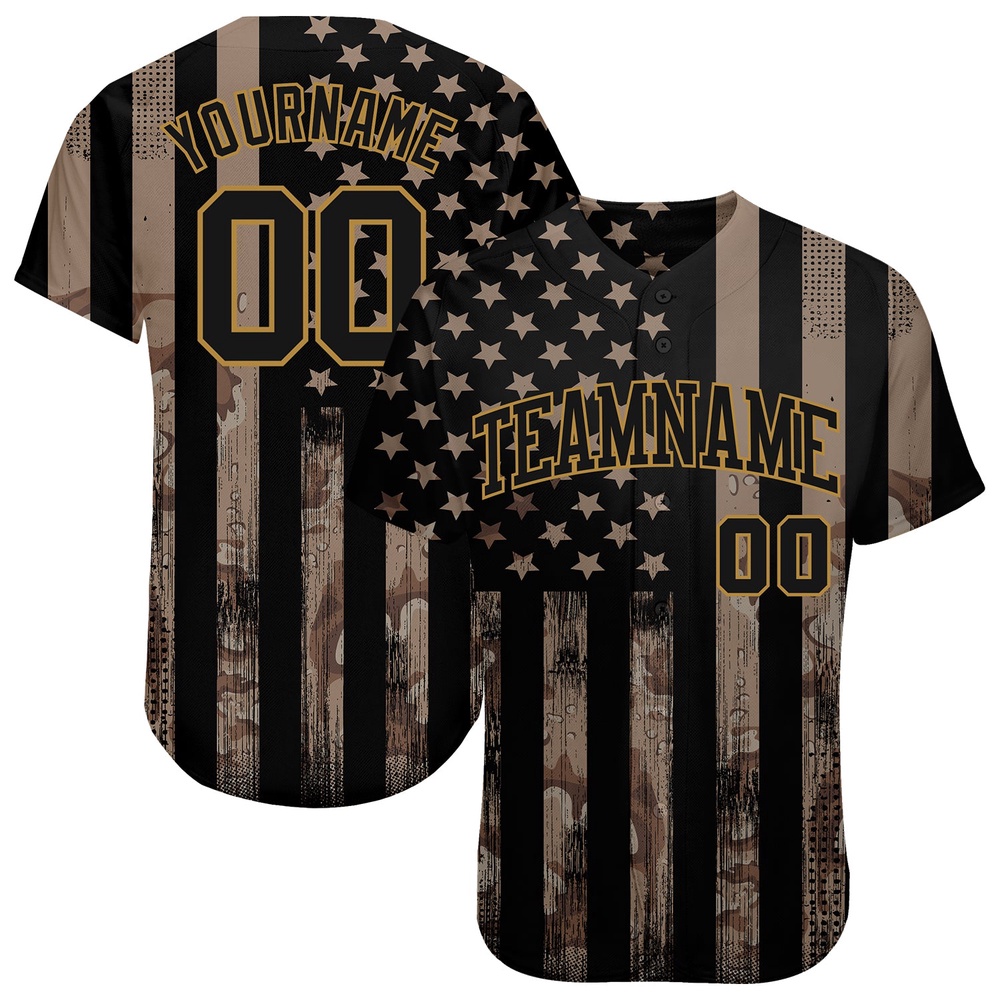 Camo Black-Old Gold 3D Salute To Service American Flag Authentic Baseball Jersey, Custom Baseball Jersey