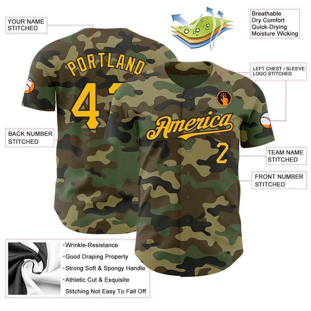 Camo Gold-Black Authentic Salute To Service Baseball Jersey, Custom Baseball Jersey, Personalized Sport Jersey