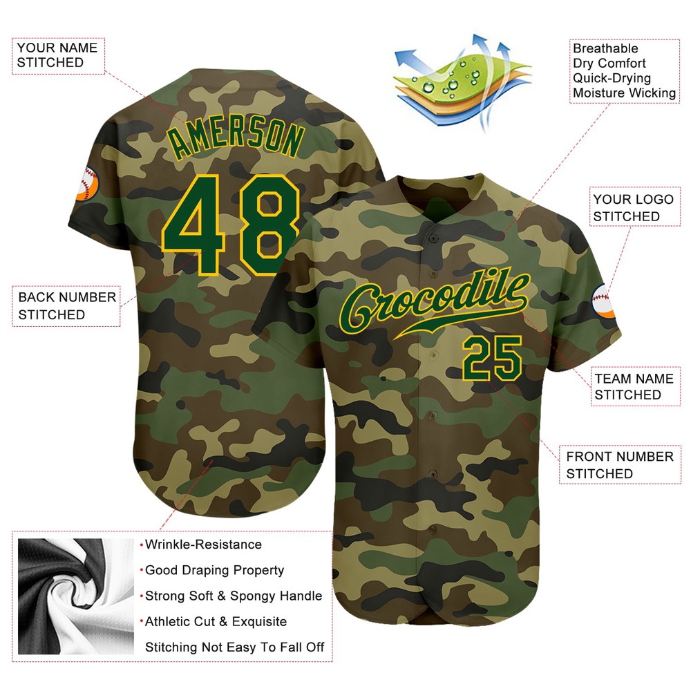 Camo Green-Gold Authentic Salute To Service Baseball Jersey, Custom Baseball Jersey, Personalized Sport Jersey