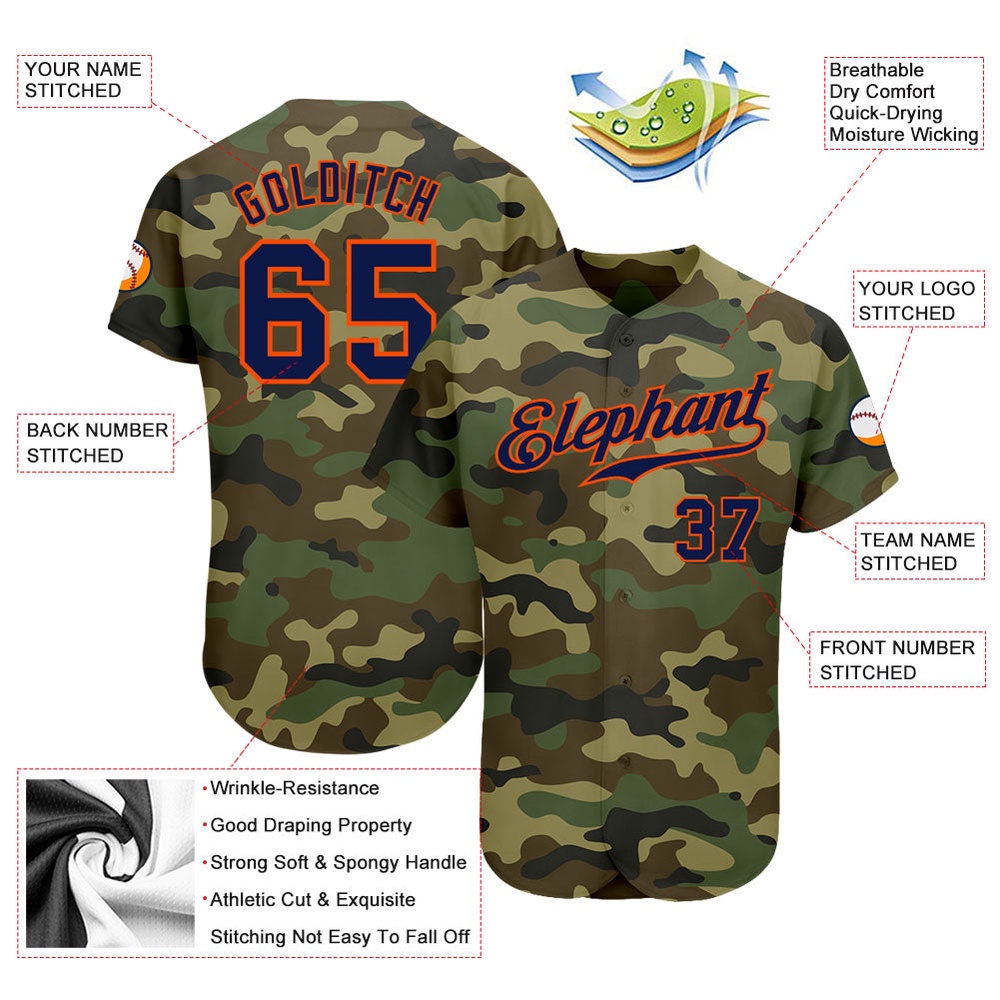 Camo Navy-Orange Authentic Salute To Service Baseball Jersey, Custom Baseball Jersey, Personalized Sport Jersey