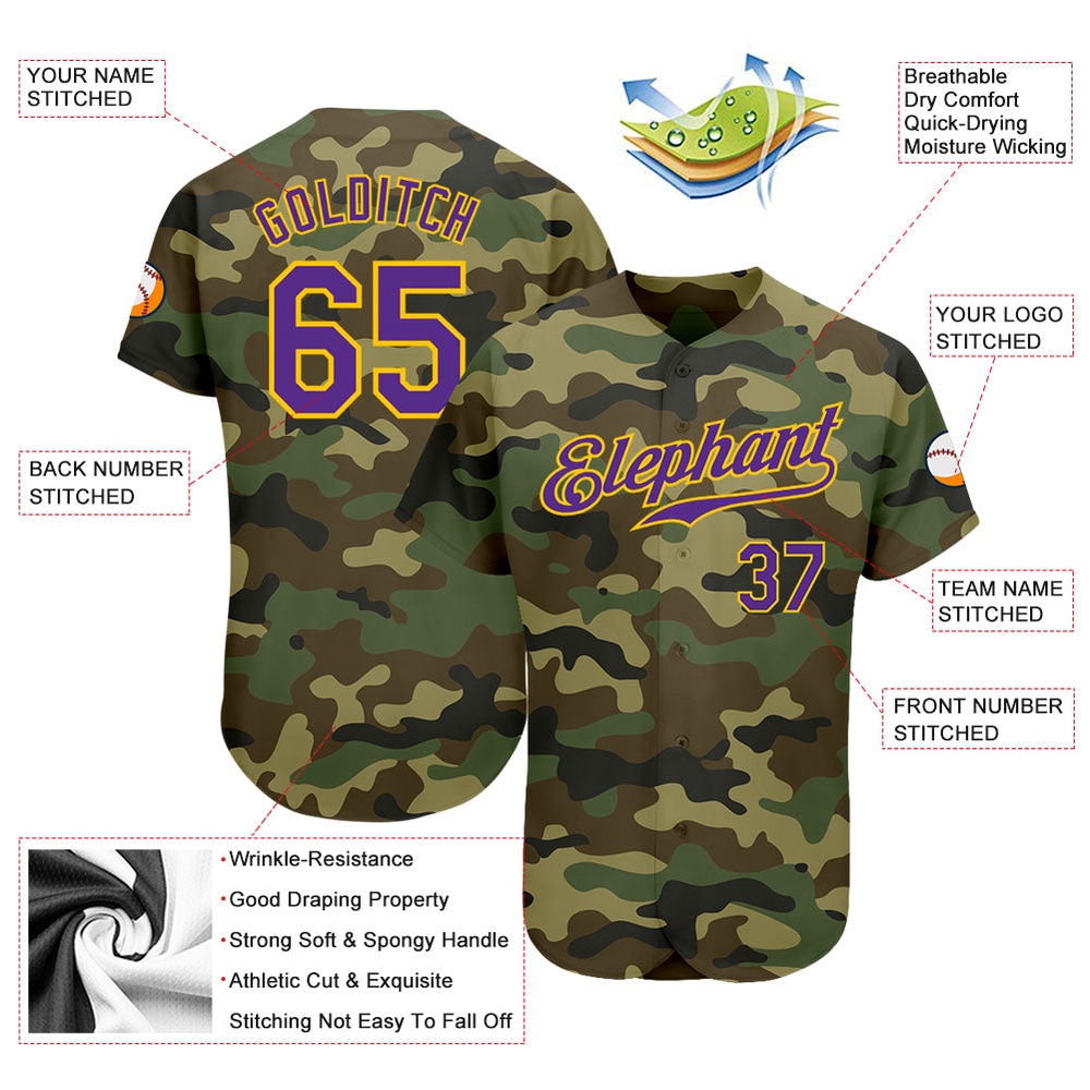 Camo Purple-Gold Authentic Salute To Service Baseball Jersey, Custom Baseball Jersey, Personalized Sport Jersey