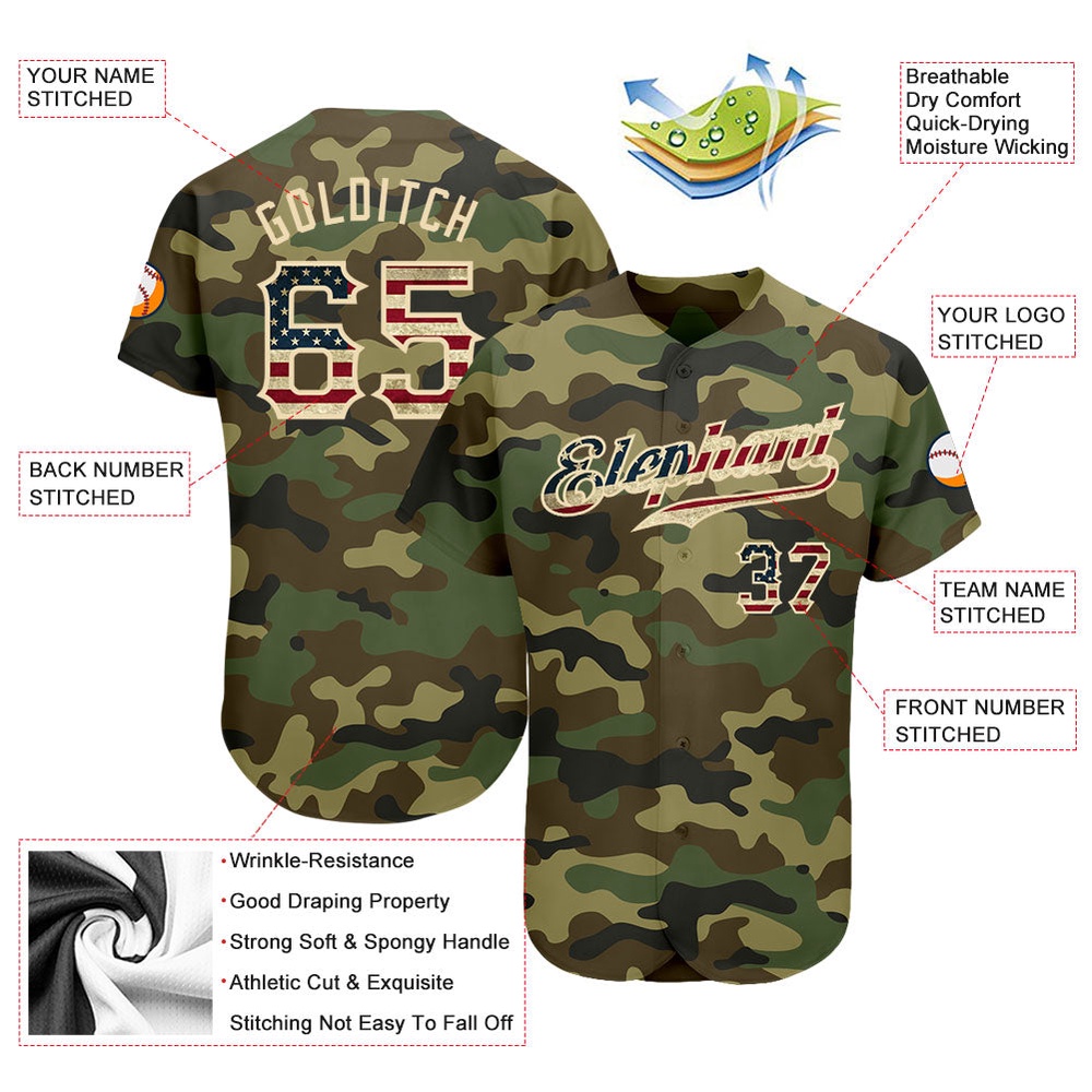 Camo Vintage USA Flag-Cream Authentic Salute To Service Baseball Jersey, Custom Baseball Jersey, Personalized Sport Jersey