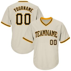 Cream Black-Gold Authentic Throwback Rib-Knit Baseball Jersey&hellip;