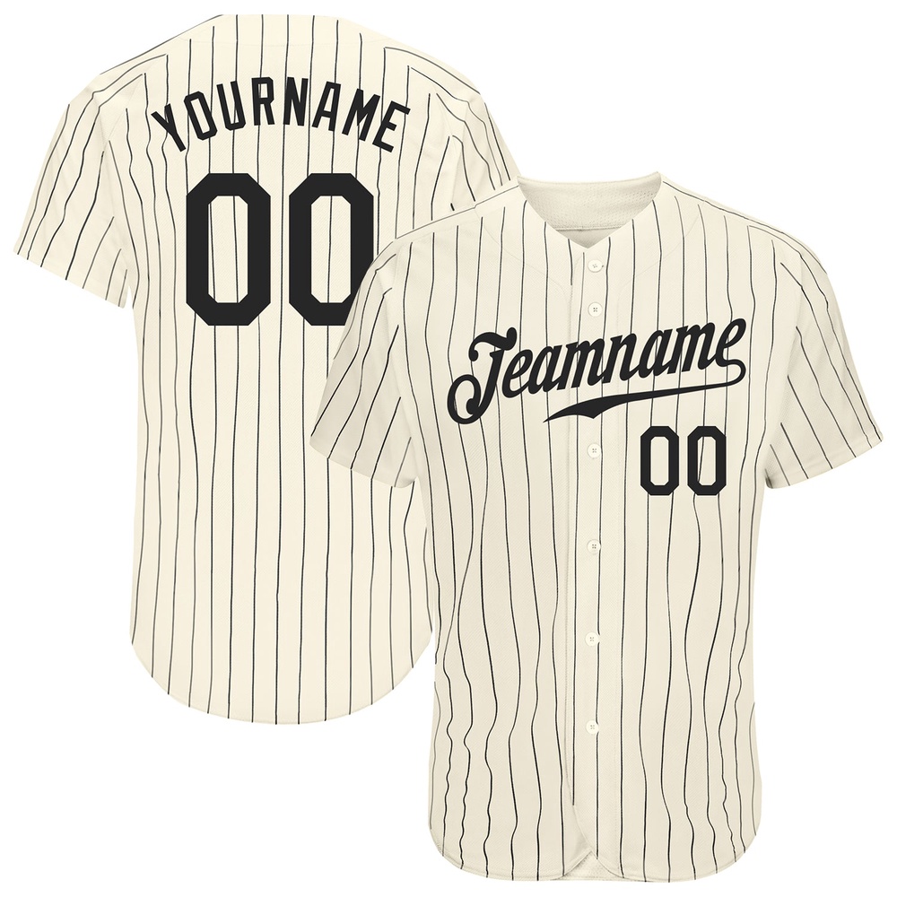 Cream Black Pinstripe Black Authentic Baseball Jersey, Custom Baseball Jersey, Personalized Sport Jersey