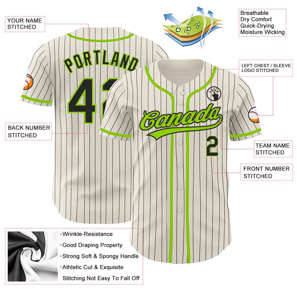 Cream Black Pinstripe Neon Green Authentic Baseball Jersey, Custom Baseball Jersey, Personalized Sport Jersey