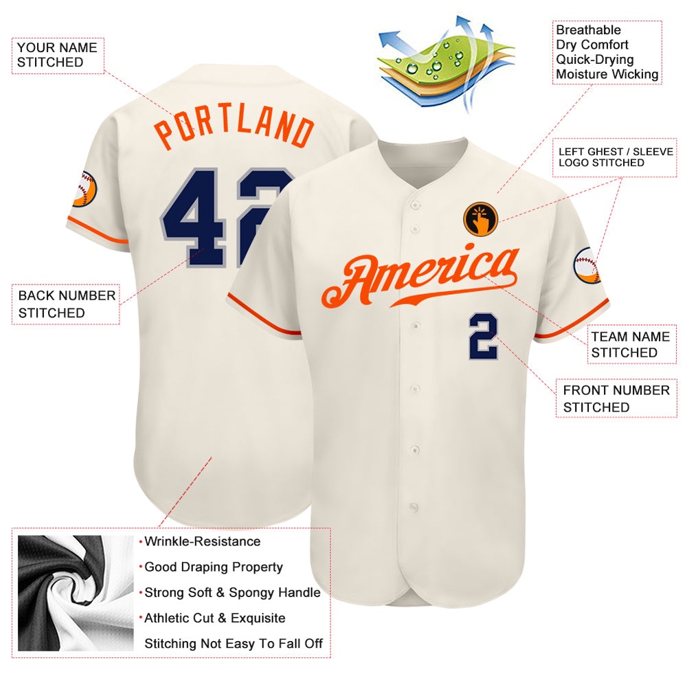 Cream Navy-Orange Authentic Baseball Jersey, Custom Baseball Jersey, Personalized Sport Jersey