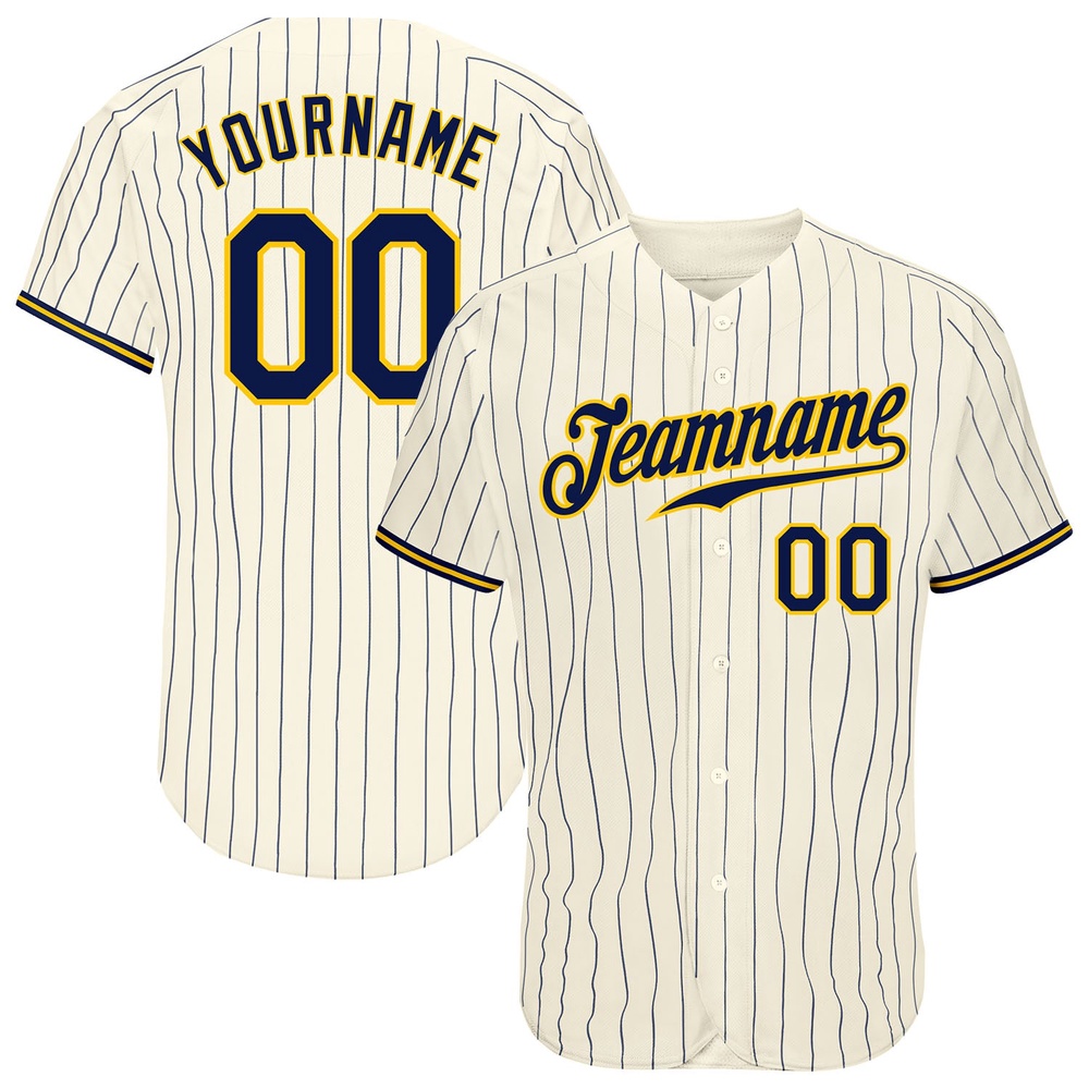 Cream Navy Pinstripe Navy-Gold Authentic Baseball Jersey, Custom Baseball Jersey, Personalized Sport Jersey