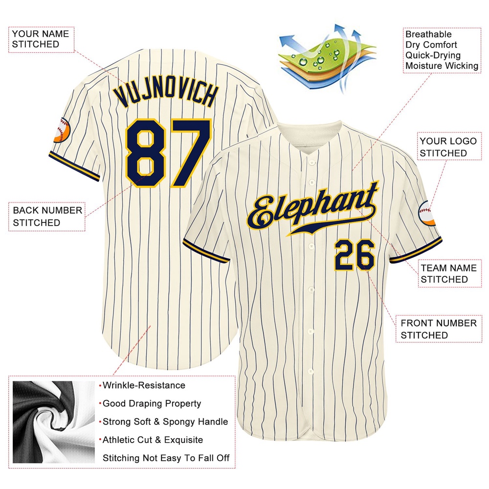 Cream Navy Pinstripe Navy-Gold Authentic Baseball Jersey, Custom Baseball Jersey, Personalized Sport Jersey