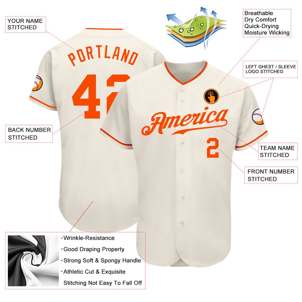 Cream Orange Authentic Baseball Jersey, Custom Baseball Jersey, Personalized Sport Jersey