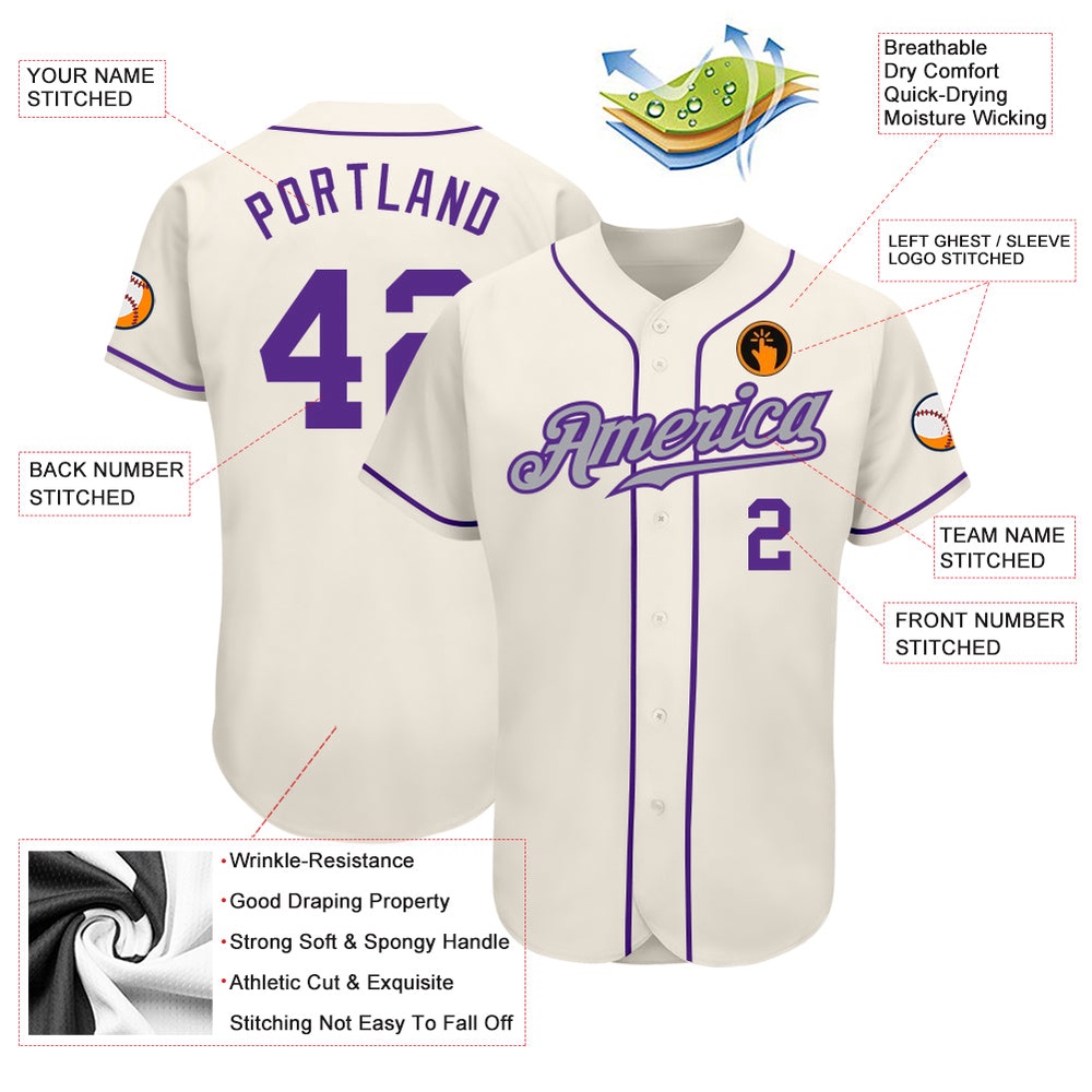 Cream Purple-Gray Authentic Baseball Jersey, Custom Baseball Jersey, Personalized Sport Jersey