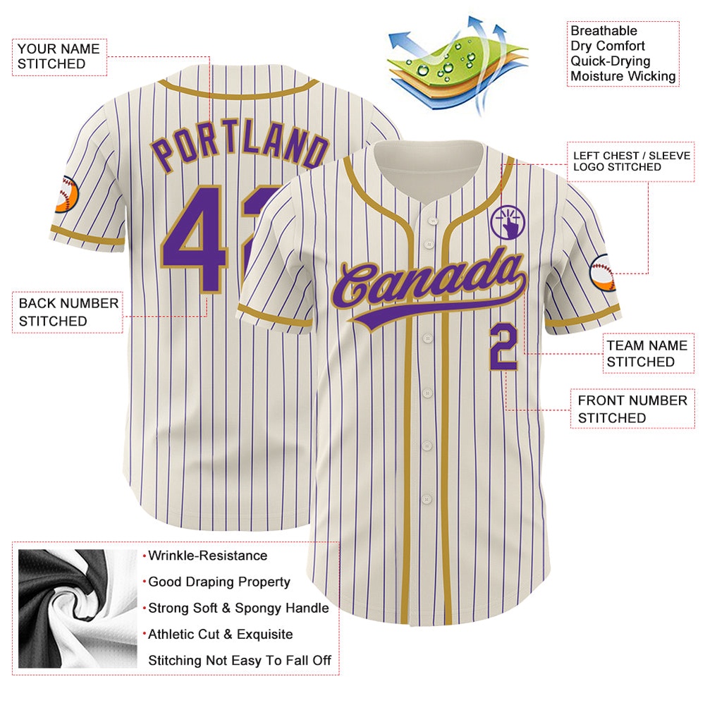 Cream Purple Pinstripe Old Gold Authentic Baseball Jersey, Custom Baseball Jersey, Personalized Sport Jersey