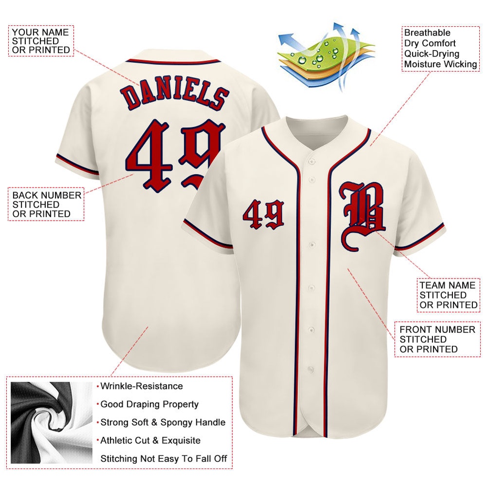 Cream Red-Navy Authentic Baseball Jersey, Custom Baseball Jersey, Personalized Sport Jersey