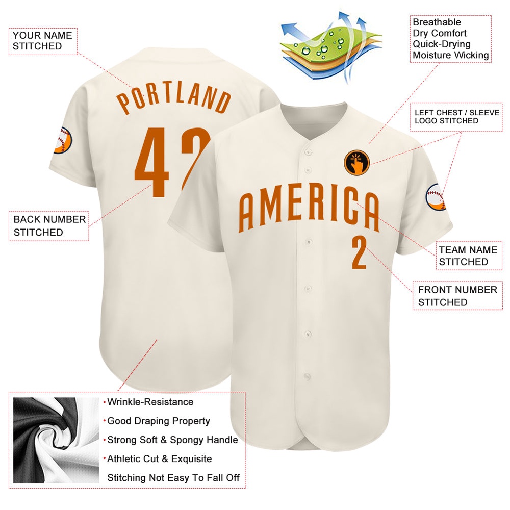 Cream Texas Orange Authentic Baseball Jersey, Custom Baseball Jersey, Personalized Sport Jersey