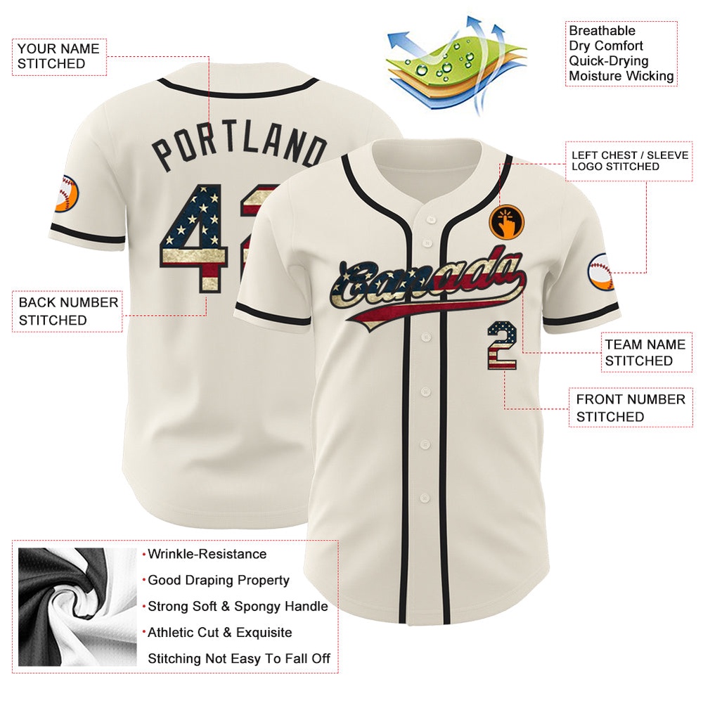 Cream Vintage USA Flag-Black Authentic Baseball Jersey, Custom Baseball Jersey, Personalized Sport Jersey