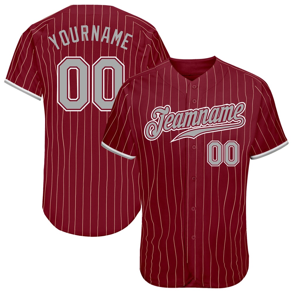 Crimson Cream Pinstripe Gray-White Authentic Baseball Jersey, Custom Baseball Jersey, Personalized Sport Jersey