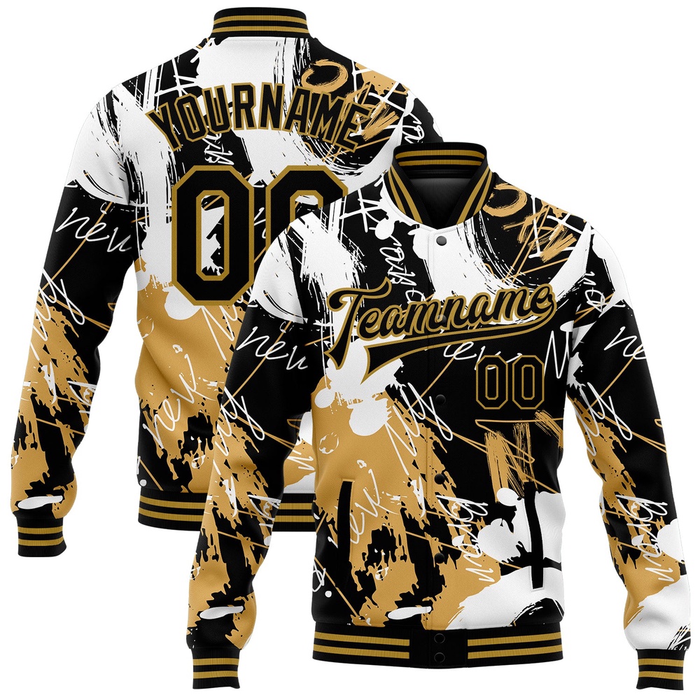 Custom Graffiti Pattern Black Old Gold Grunge Art 3D Bomber Full Snap Baseball Jacket, Custom Team Jacket