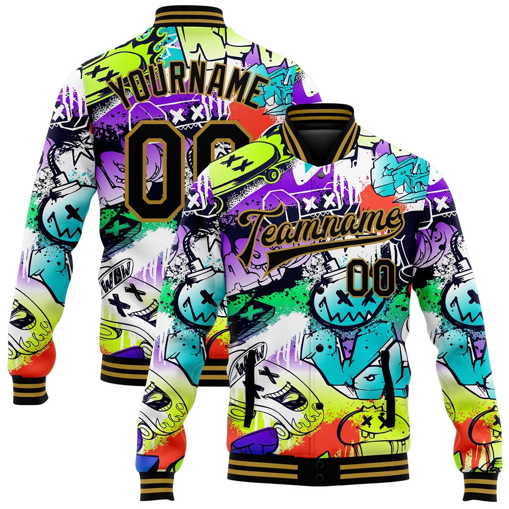 Custom Graffiti Pattern Black Old Gold Grunge Urban Street Art 3D Bomber Full Snap Baseball Jacket, Custom Team Jacket