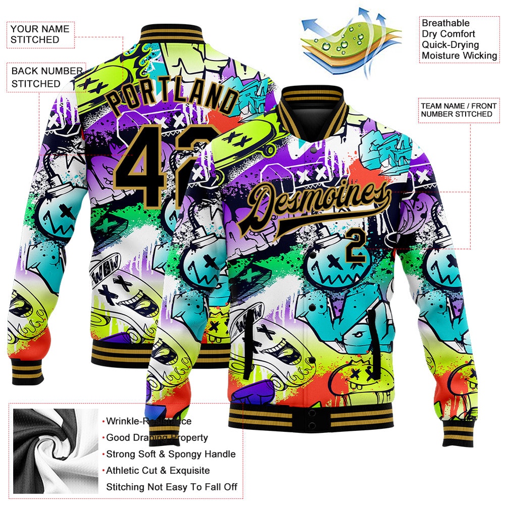 Custom Graffiti Pattern Black Old Gold Grunge Urban Street Art 3D Bomber Full Snap Baseball Jacket, Custom Team Jacket