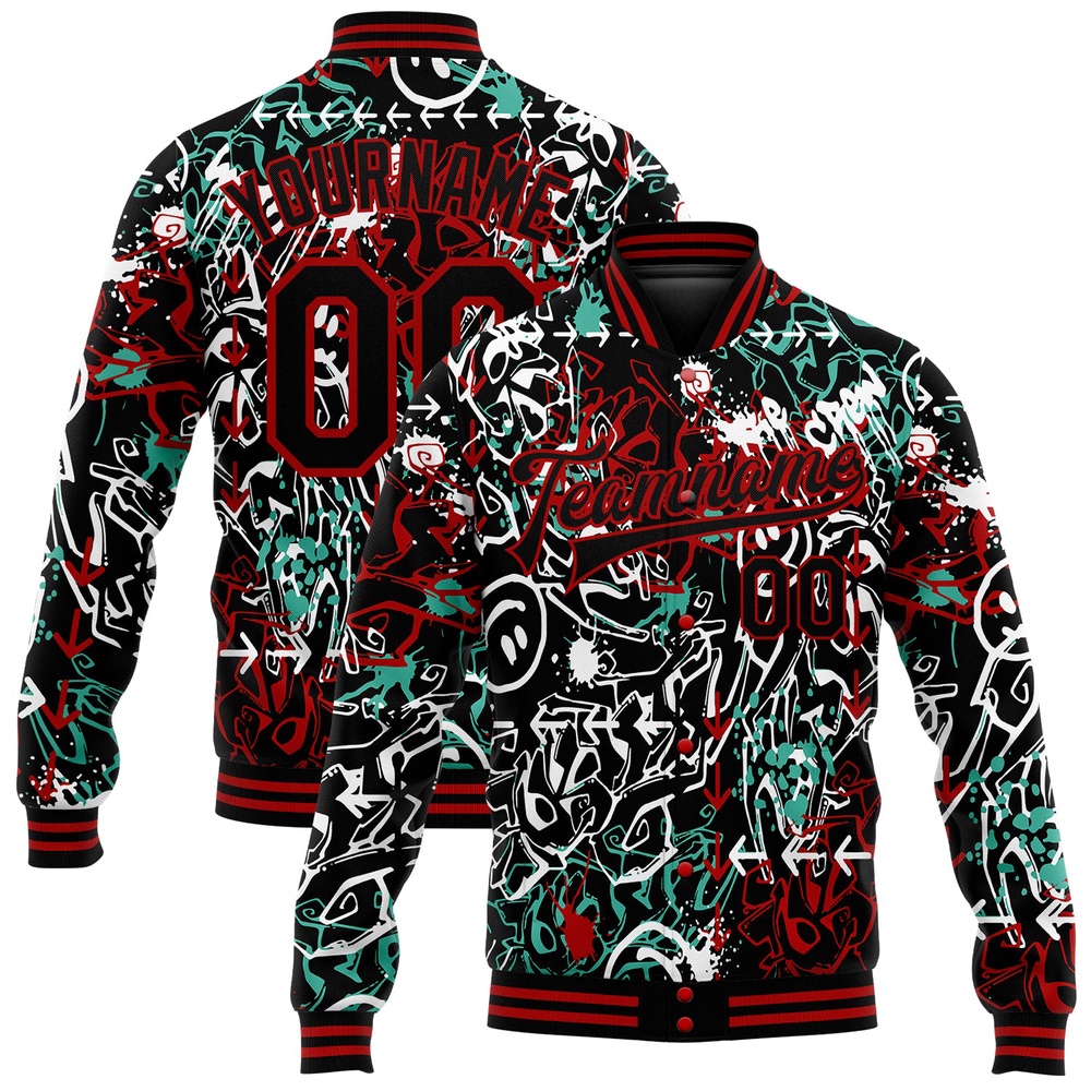 Custom Graffiti Pattern Black Red Abstract Grunge Art 3D Bomber Full Snap Baseball Jacket, Custom Team Jacket