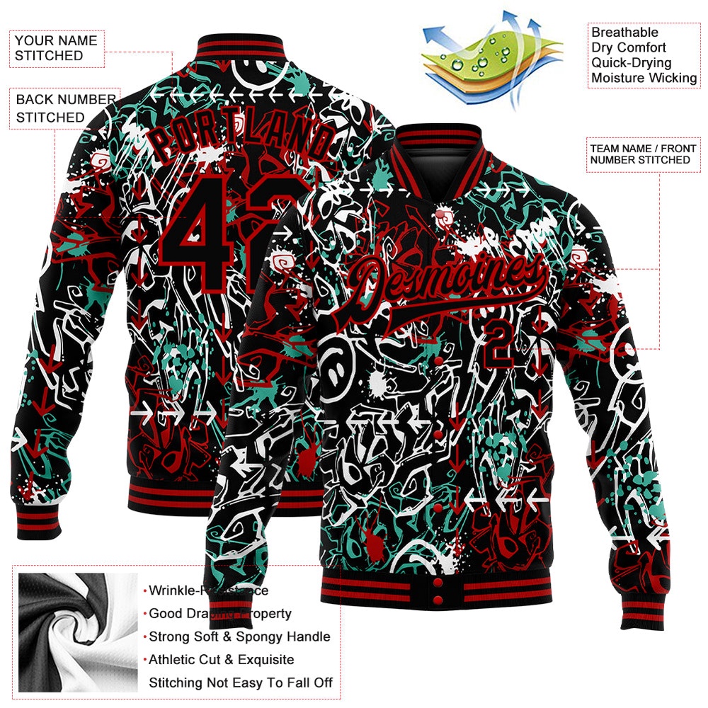 Custom Graffiti Pattern Black Red Abstract Grunge Art 3D Bomber Full Snap Baseball Jacket, Custom Team Jacket