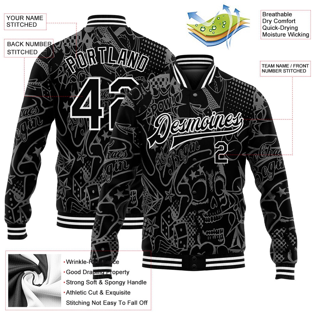 Custom Graffiti Pattern Black White Skull Fashion 3D Bomber Full Snap Baseball Jacket, Custom Team Jacket