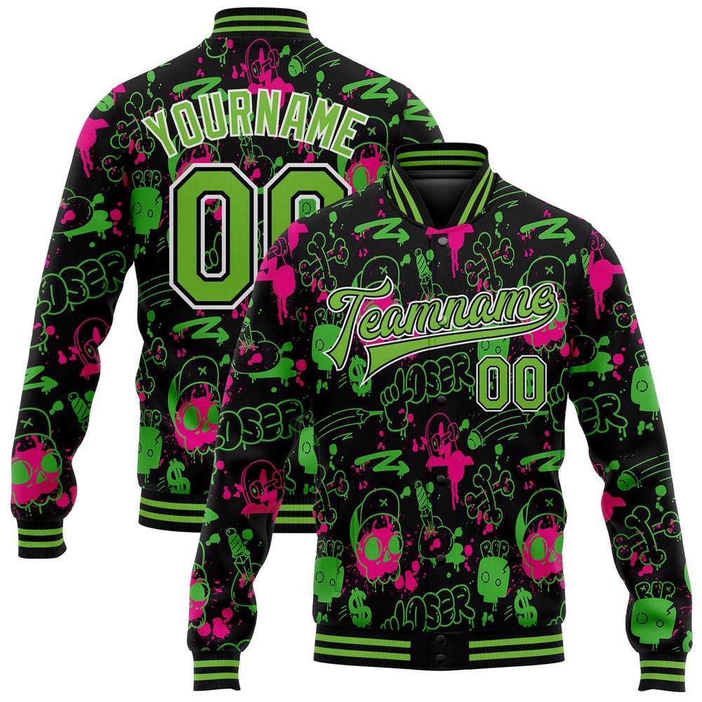 Custom Graffiti Pattern Neon Green Black Abstract Grunge Art 3D Bomber Full Snap Baseball Jacket, Custom Team Jacket