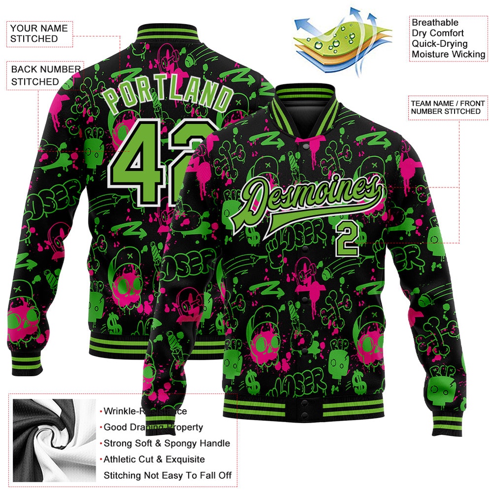 Custom Graffiti Pattern Neon Green Black Abstract Grunge Art 3D Bomber Full Snap Baseball Jacket, Custom Team Jacket