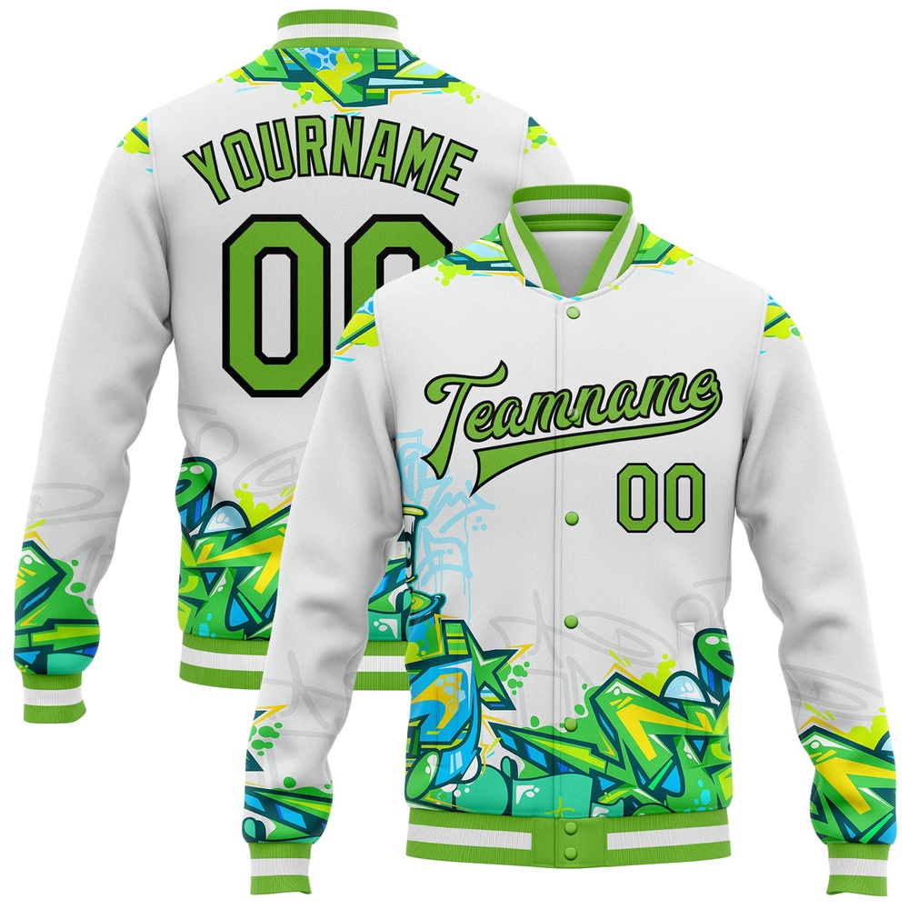 Custom Graffiti Pattern Neon Green Black Trendy Abstract Urban Street Art 3D Bomber Full Snap Baseball Jacket, Custom Team Jacket