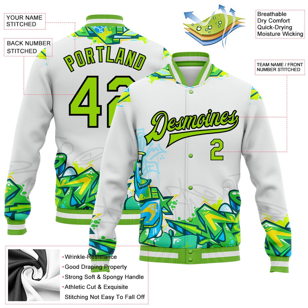 Custom Graffiti Pattern Neon Green Black Trendy Abstract Urban Street Art 3D Bomber Full Snap Baseball Jacket, Custom Team Jacket
