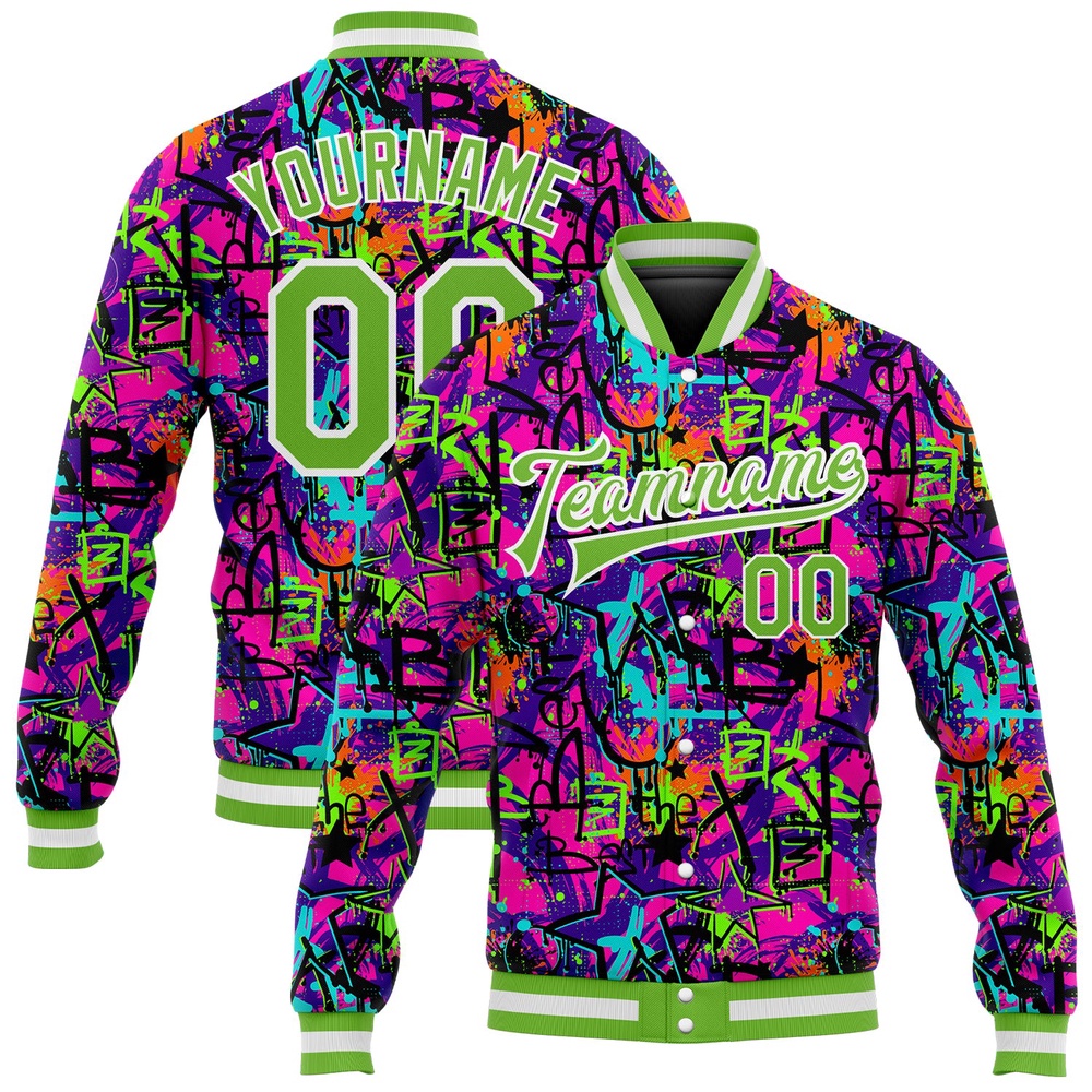 Custom Graffiti Pattern Neon Green White 3D Bomber Full Snap Baseball Jacket, Custom Team Jacket