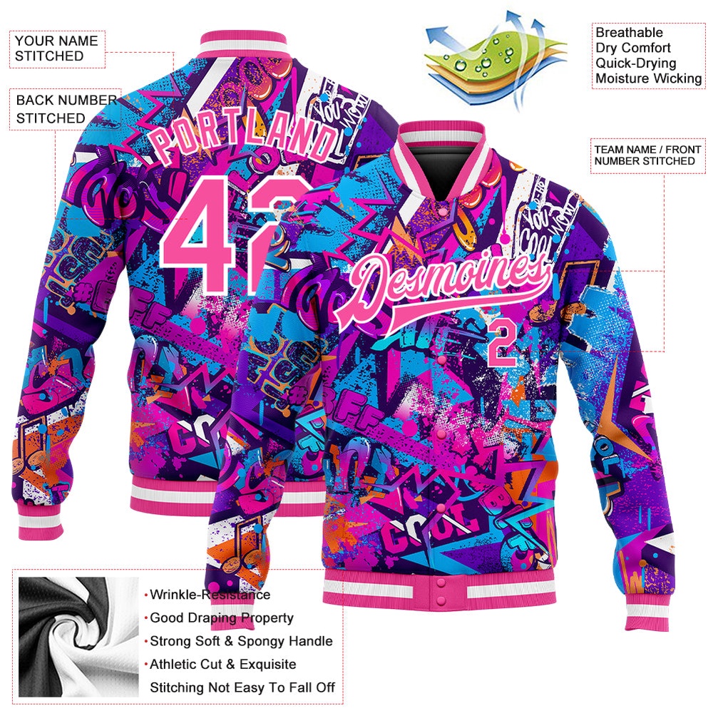 Custom Graffiti Pattern Pink White Words 3D Bomber Full Snap Baseball Jacket, Custom Team Jacket