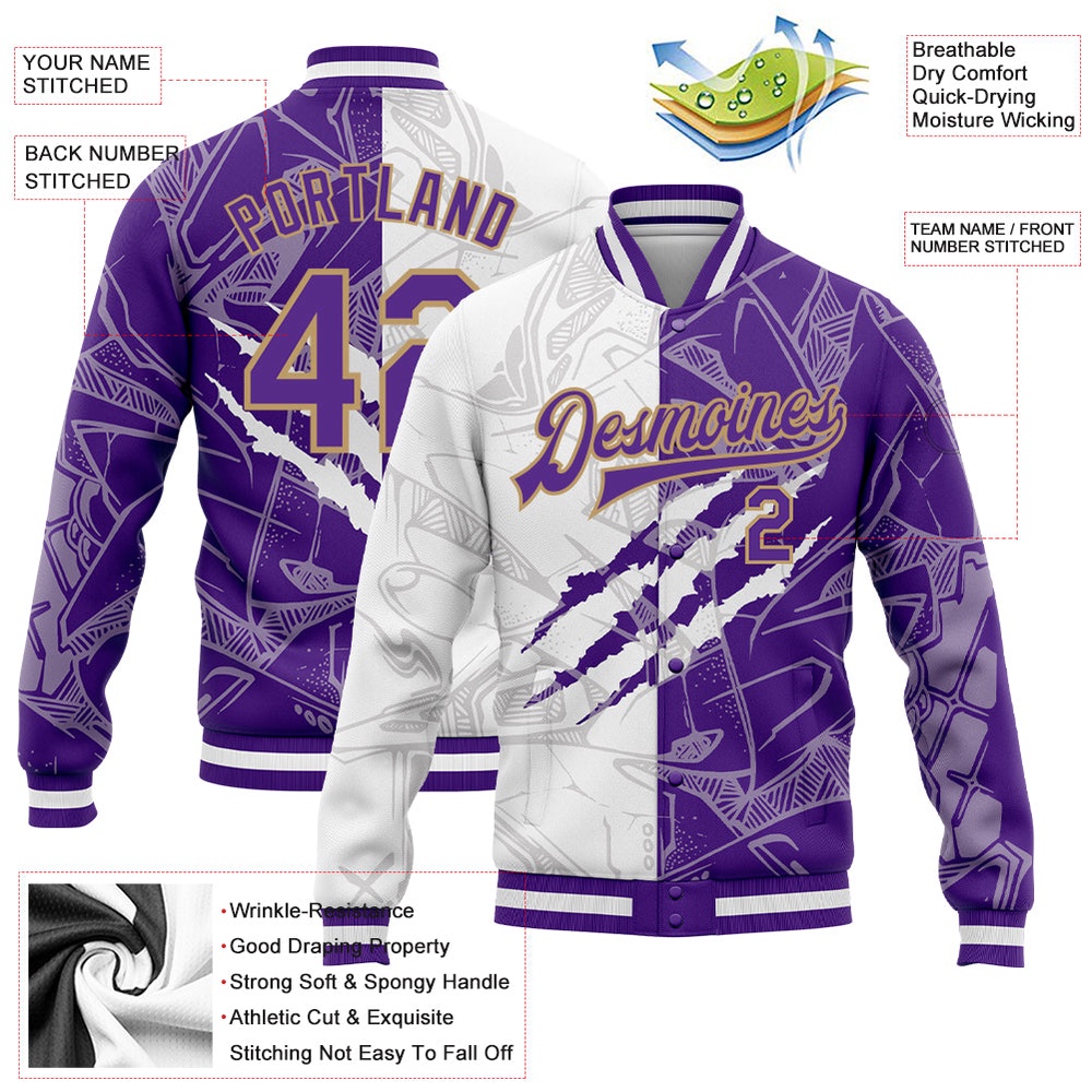 Custom Graffiti Pattern Purple Old Gold Scratch 3D Bomber Full Snap Baseball Jacket, Custom Team Jacket