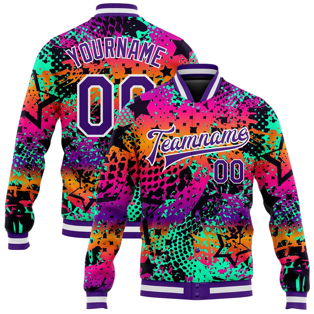 Custom Graffiti Pattern Purple White Scratch 3D Bomber Full Snap Baseball Jacket, Custom Team Jacket