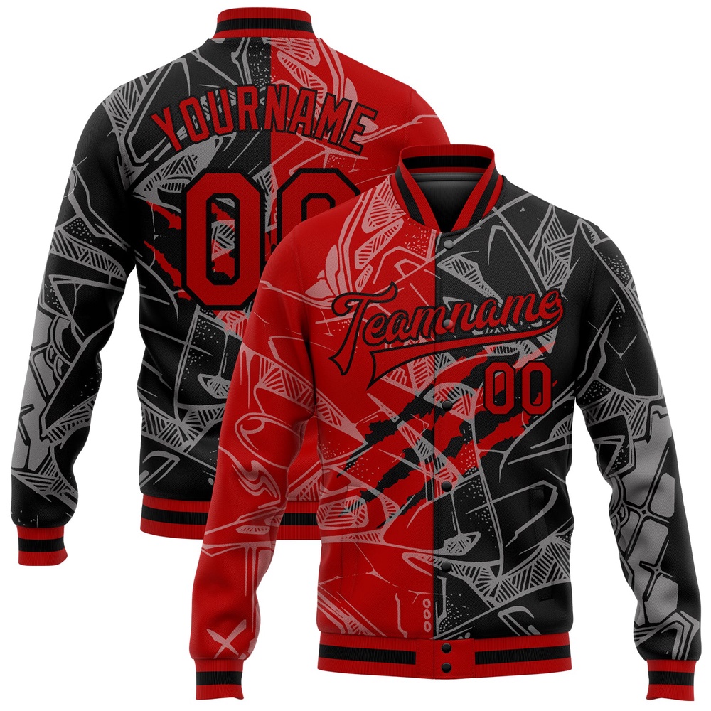 Custom Graffiti Pattern Red Black Scratch 3D Bomber Full Snap Baseball Jacket, Custom Team Jacket