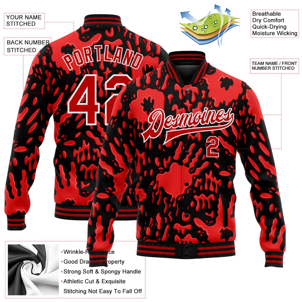 Custom Graffiti Pattern Red White Hand Painted Blood Handprint 3D Bomber Full Snap Baseball Jacket, Custom Team Jacket