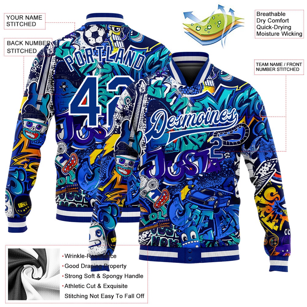 Custom Graffiti Pattern Royal White Abstract Urban Street Art 3D Bomber Full Snap Baseball Jacket, Custom Team Jacket
