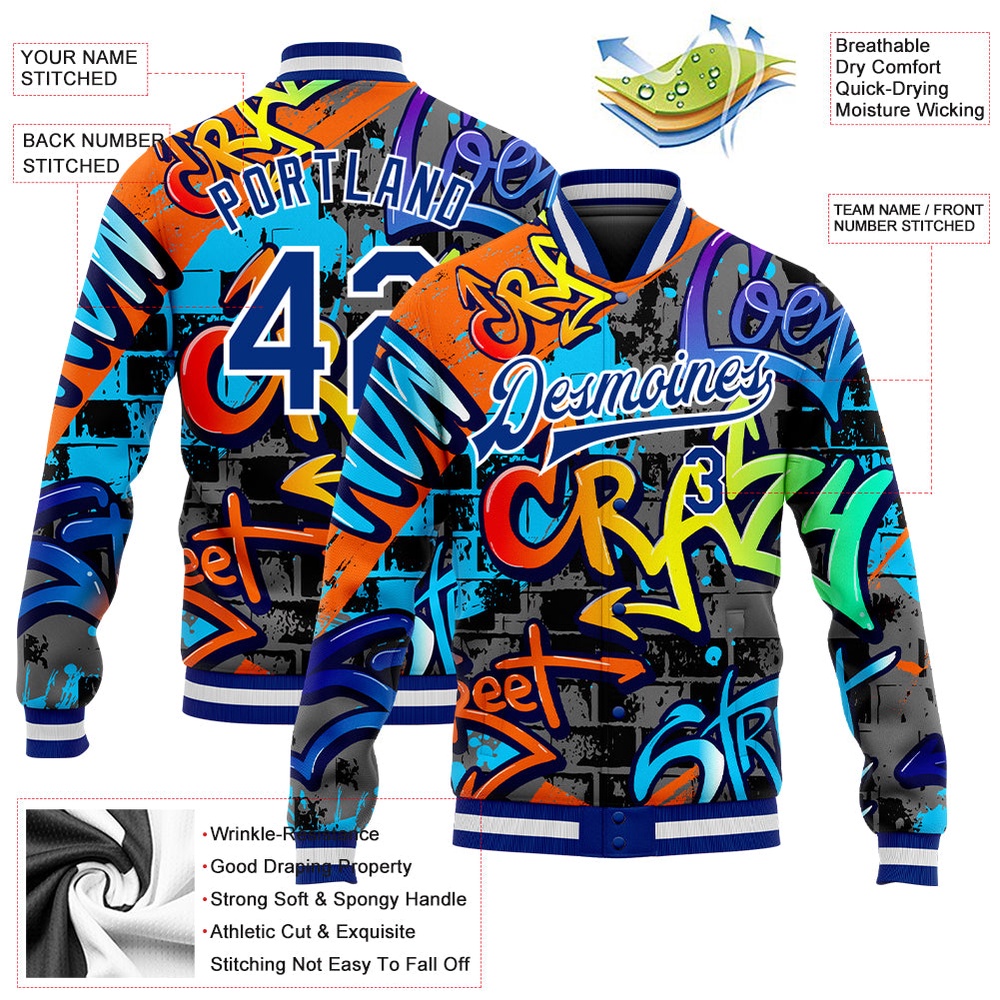 Custom Graffiti Pattern Royal White Geometric 3D Bomber Full Snap Baseball Jacket, Custom Team Jacket