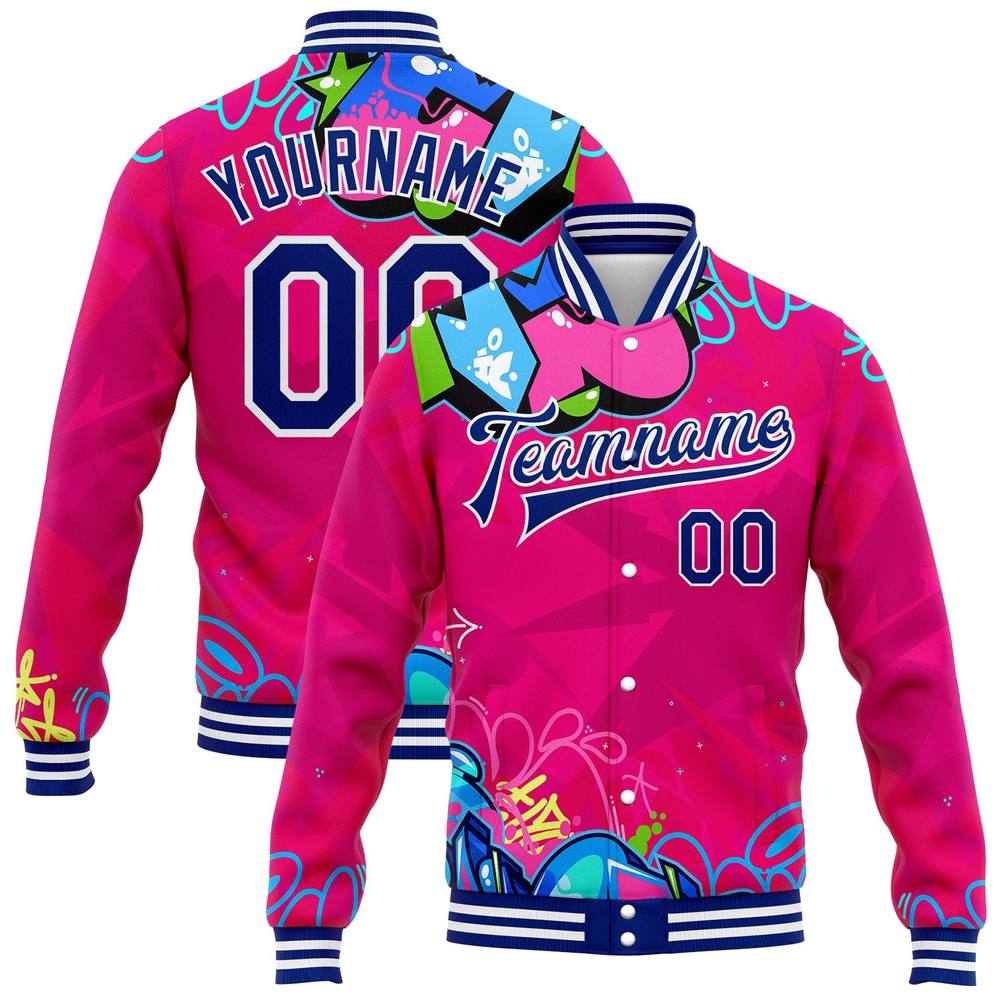 Custom Graffiti Pattern Royal White Hiphop Abstract Urban Street Art 3D Bomber Full Snap Baseball Jacket, Custom Team Jacket